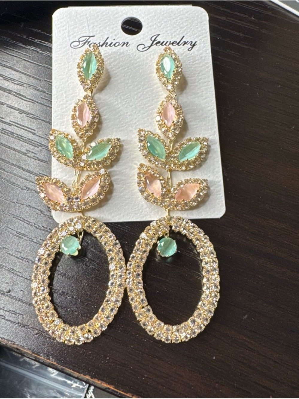 Fashion Jewelry Gold-Tone Drop Earrings with Mint Green and Blush Pink Stones